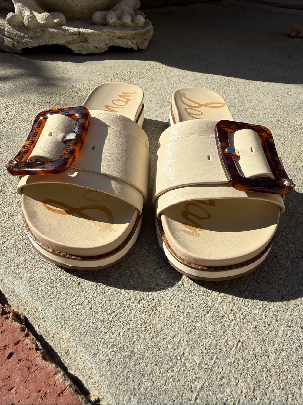 Sam Edelman Ariane Cream Slide Sandals with Tortoiseshell Buckle, Size 8